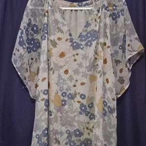 Blue Tan Floral Tunic with Kimono Sleeves